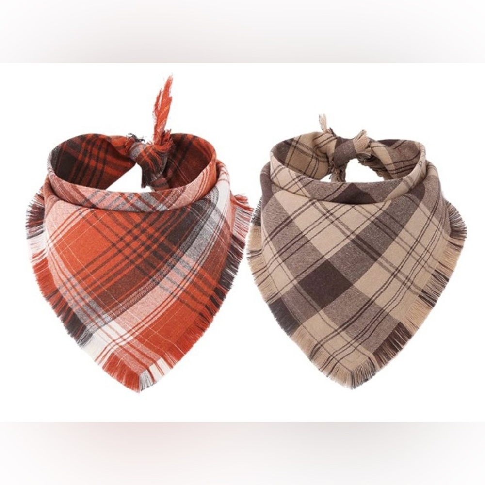 2 Fall Thanksgiving Reversible Plaid Dog Bandana Set in Orange and Brown